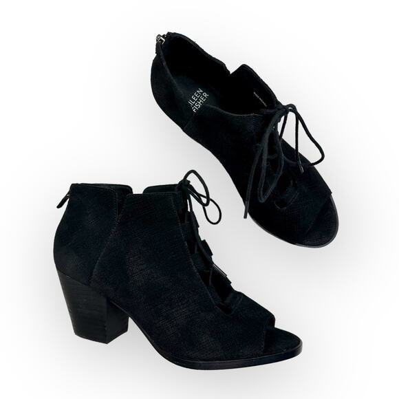 Eileen Fisher Fallon Peep Toe Lace Up Booties Women's Size 8 Black Suede 5838517 - Picture 1 of 11